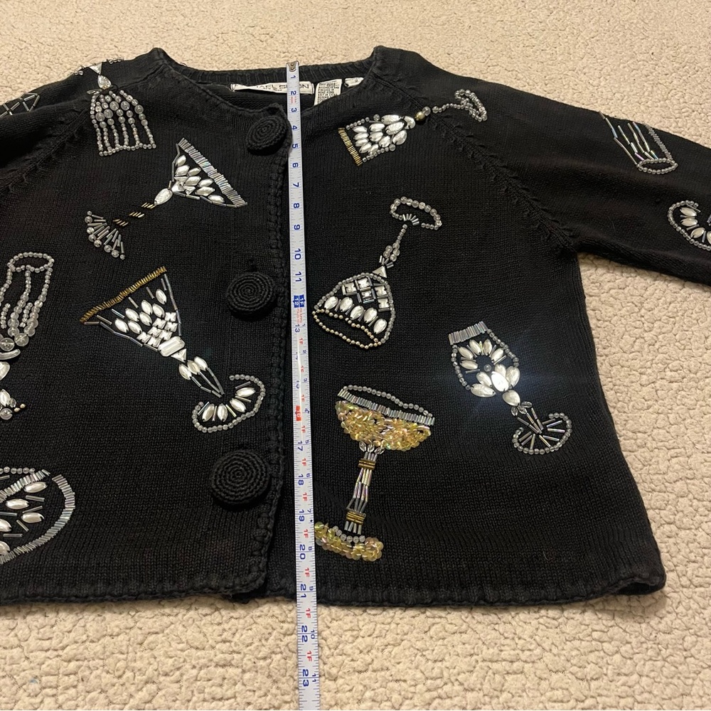 Vintage Michael Simon Cardigan Sweater Black Jeweled Martini Glasses Size M - Picture 14 of 16